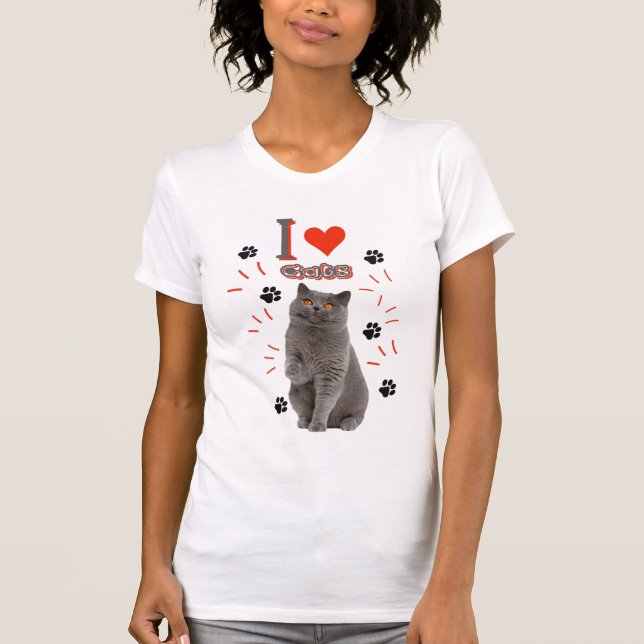 Jag ❤️ Katter – Sött Katt & Tassavtryck Design T Shirt (Framsida)