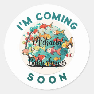 Jag kommer snart Roligt Cherry Fish Baby Shower Runt Klistermärke