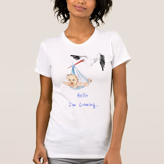 Jag kommer... Stork med Baby-funktion - lägg till  T Shirt (Framsida)