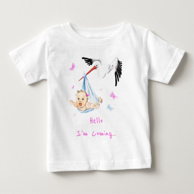 Jag kommer.. Stork som transporterar Baby Roligt L T Shirt (Framsida)