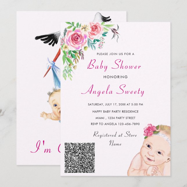 Jag kommer till Stork Baby QR-kodvisning - inbjuda (Fram/baksida)