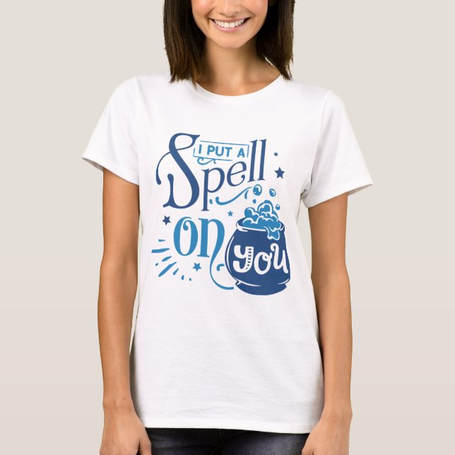 Jag lägger en spell på dig Cauldron Blue Halloween T Shirt (Framsida)