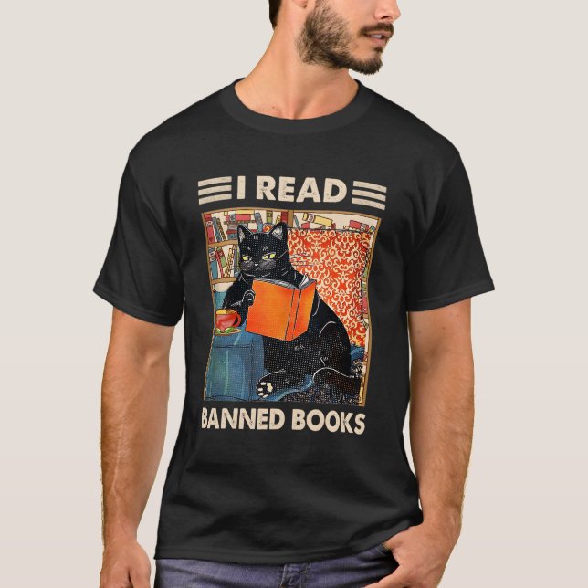 Jag läser Bannad Bokar Black Cat Reader Bookworm T Shirt (Framsida)