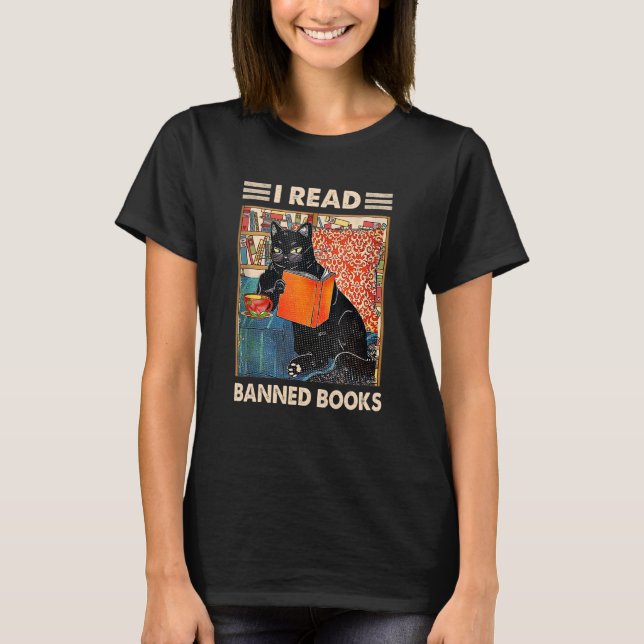 Jag läser Bannad Bokar Black Cat Reader Bookworm W T Shirt (Framsida)