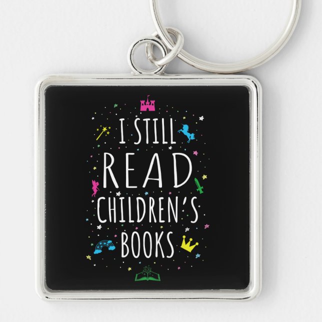 Jag läser fortfarande Barns Bokar I Fyrkantig Silverfärgad Nyckelring (Framsidan)