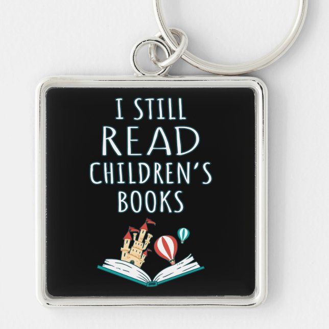 Jag läser fortfarande Barns Bokar II Fyrkantig Silverfärgad Nyckelring (Framsidan)