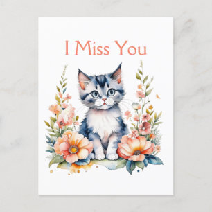 Jag missar dig   Grått Kitten i Rosa Flowers Vykort