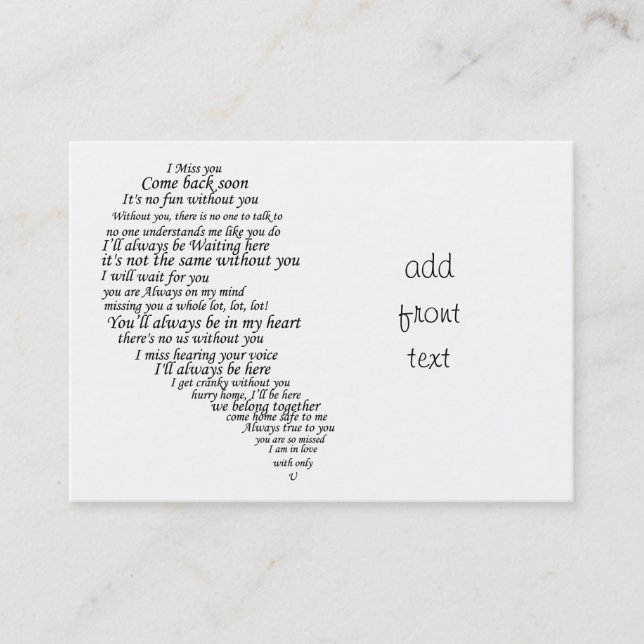 Jag missar dig text i halva hjärtat visitkort (Framsida)