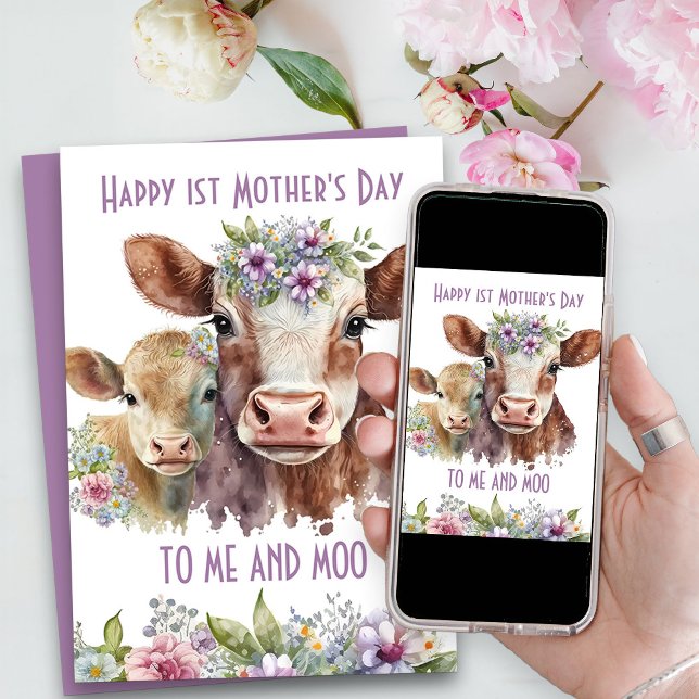 Jag och Moo Söta Ko och Kalv Mors Dag Julkort (Mother's Day Card with mommy and baby cow .. cute funny Me and Moo pun)