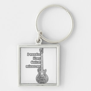 Jag om min gitarr missar mig. Svartvit Fyrkantig Silverfärgad Nyckelring