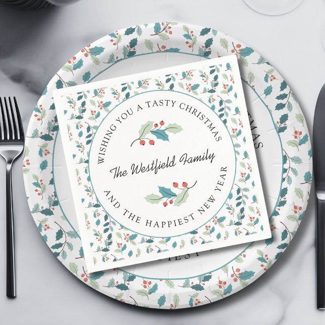 Jag önskar dig en god julafton Julfest Pappersservett (Wishing You a Tasty Christmas Holly and Red Berries Paper Napkin)
