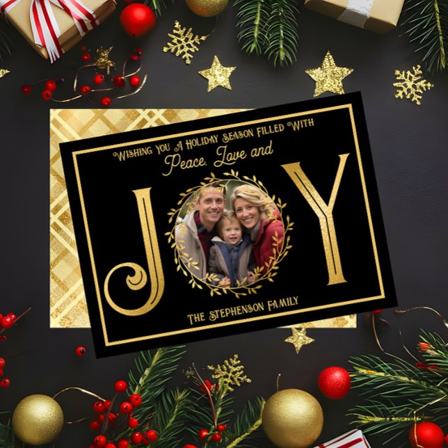 Jag önskar er Julhelg Peace Kärlek och Joy Julkort ("Wishing You A Season ... Peace Love and Joy" Faux Foil Photo Black Christmas Holiday Flat Card )