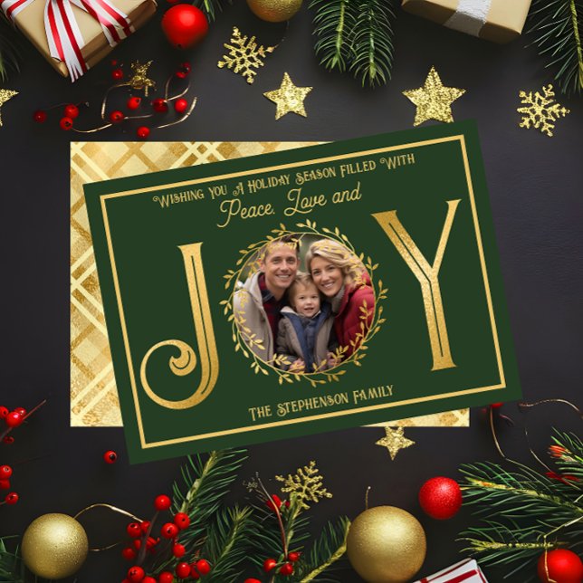 Jag önskar er Julhelg Peace Kärlek och Joy Julkort ("Wishing You A Season ... Peace Love and Joy" Faux Foil Photo Green Christmas Holiday Flat Card )
