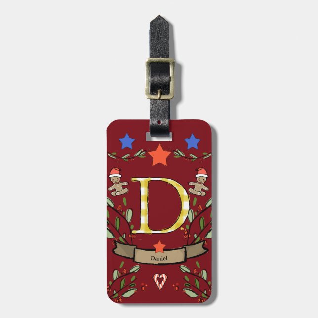 Jag reser till julmonogram D med namn Bagagebricka (Vertikal Framsida)