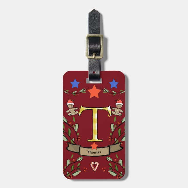 Jag reser till julmonogrammet T med namn Bagagebricka (Vertikal Framsida)