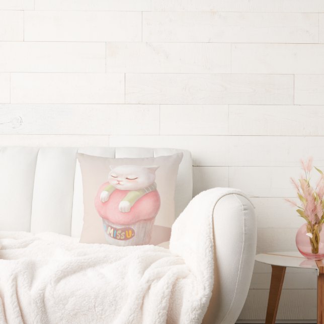 Jag saknar dig: Kawaii sovande katt cupcake konst Kudde (Soffa)