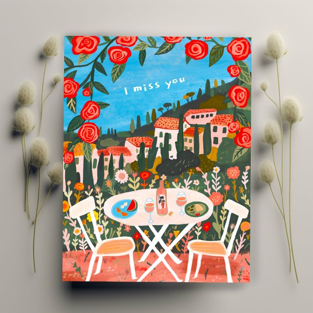 Jag saknar dig Landsbygden Lunch för två med utsik Vykort (I Miss You Countryside Lunch for Two w Views Art Postcard
)