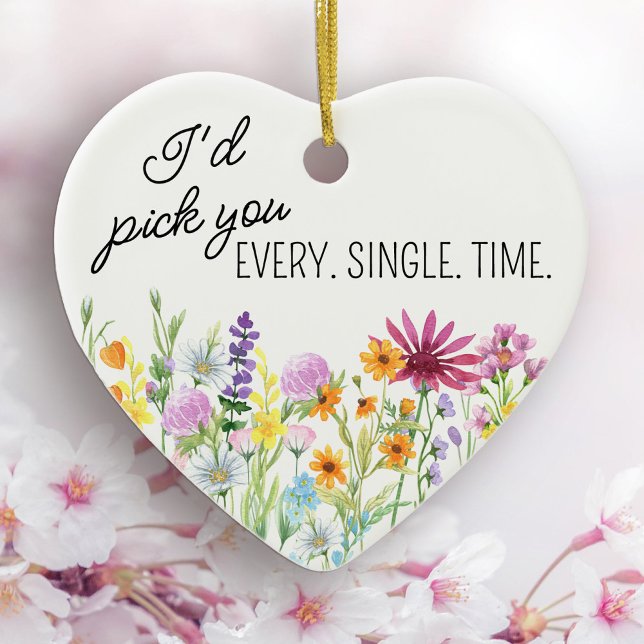 Jag skulle Plocka dig Personlig för Blommigten Wil Julgransprydnad Keramik (Heart shaped wildflower ornament with personal wording on the back)