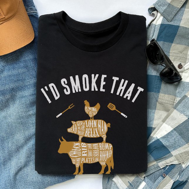 Jag skulle röka den där fina BQ Kött Grill-gåvan t Shirt (I'd Smoke That butcher cuts vintage cow pig chicken BBQ grilling smoked meat funny black shirt gift)