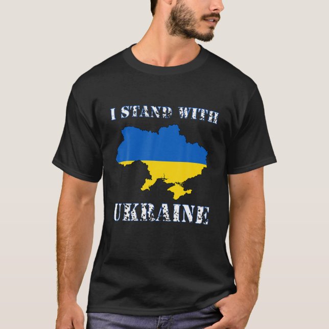 Jag står för Ukraina med Karta och Flagga T Shirt (Framsida)