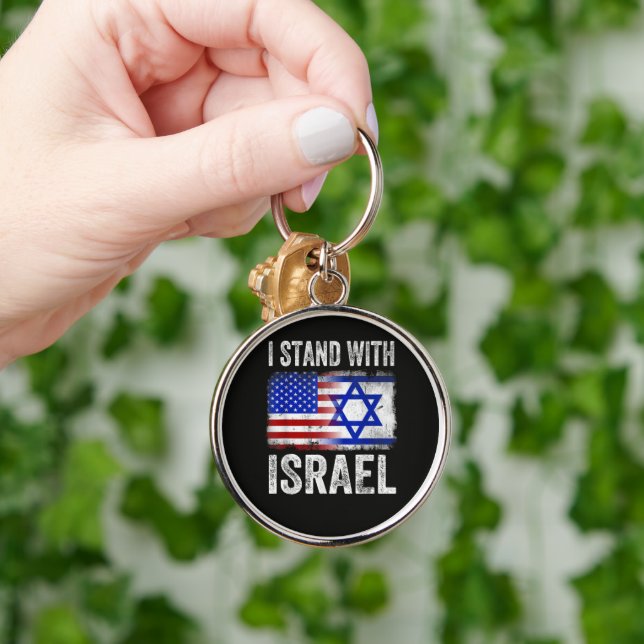 Jag står med Israel Rund Silverfärgad Nyckelring (Hand)