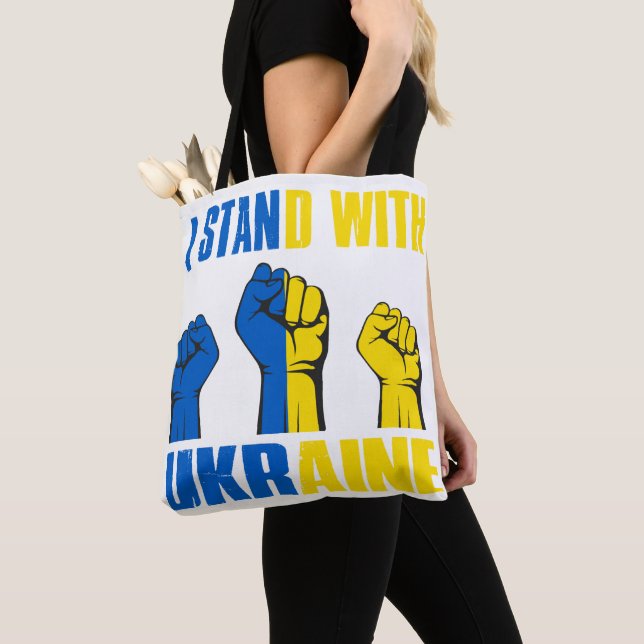 JAG STÅR MED UKRAINA BLUE GULT TYGKASSE (Närbild)