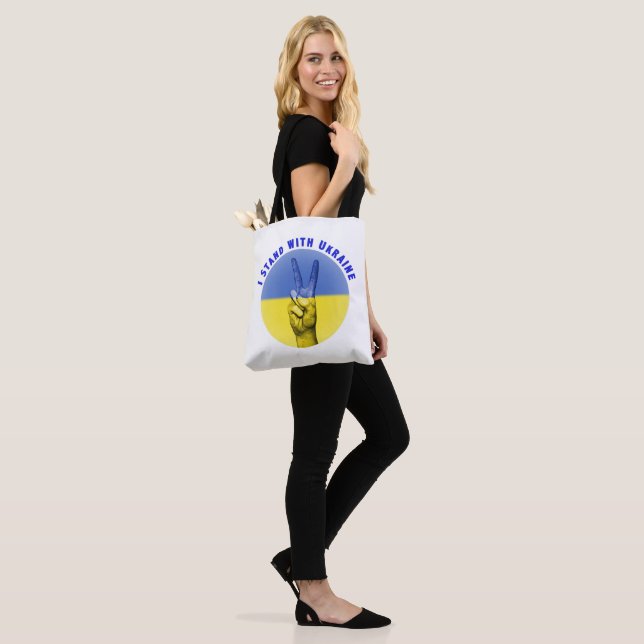 JAG STÅR MED UKRAINA FREDSTECKEN BLUE GULT TYGKASSE (På modell)