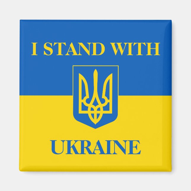 Jag står med Ukraina. Ukrainsk flagga & treudd. Magnet (Framsidan)