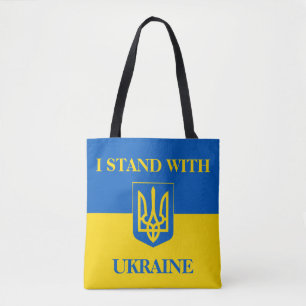 Jag står med Ukraina. Ukrainsk flagga. Treudd. Tygkasse