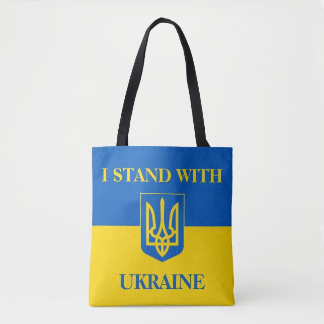 Jag står med Ukraina. Ukrainsk flagga. Treudd. Tygkasse (Framsida)