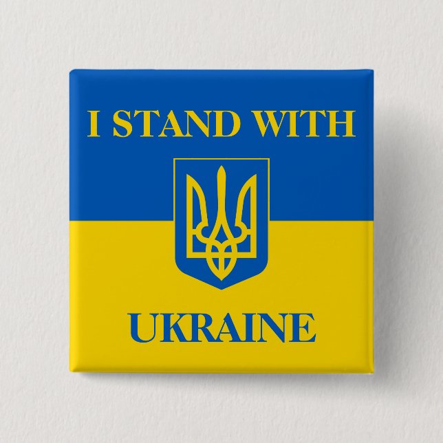 Jag står med Ukraina. Ukrainsk flagga & Trident. Knapp (Framsida)