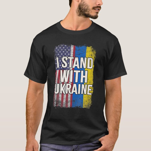 Jag står med ukrainsk amerikansk Flagga fri T Shirt (Framsida)