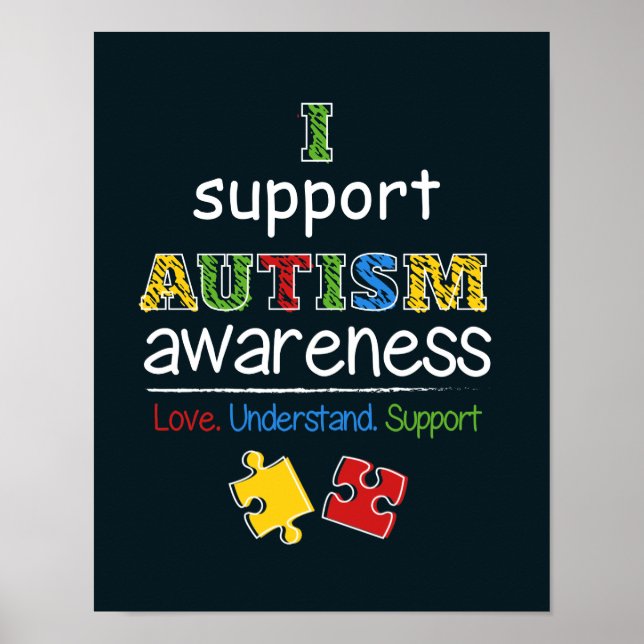 Jag stöder Autism Awareness Red Gult Puzzles Poster (Framsidan)
