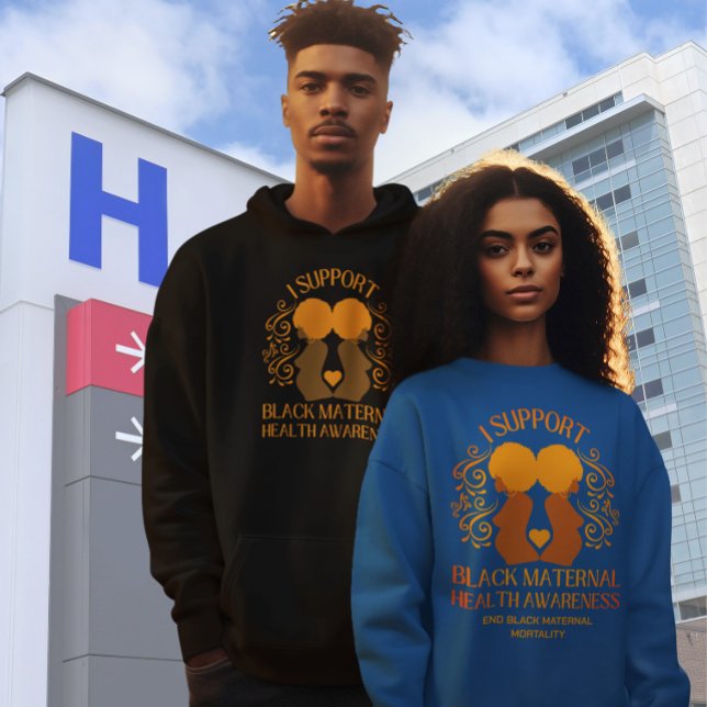 JAG STÖDER BLACK MATERNAL HÄLSOMEDVETENHET Mamma Hoodie (Couple wearing Black Maternal Health Awareness apparel. Matching gifts available.)
