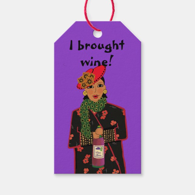 Jag tog med Vin! Lila Gift-Märkre Presentetikett (Framsidan)