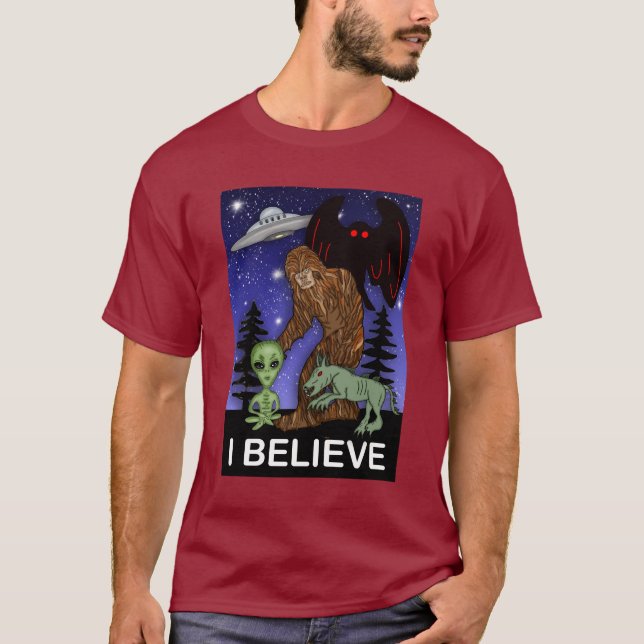 Jag tror | Big Foot Alien Mothman UFO Chupacabra T Shirt (Framsida)