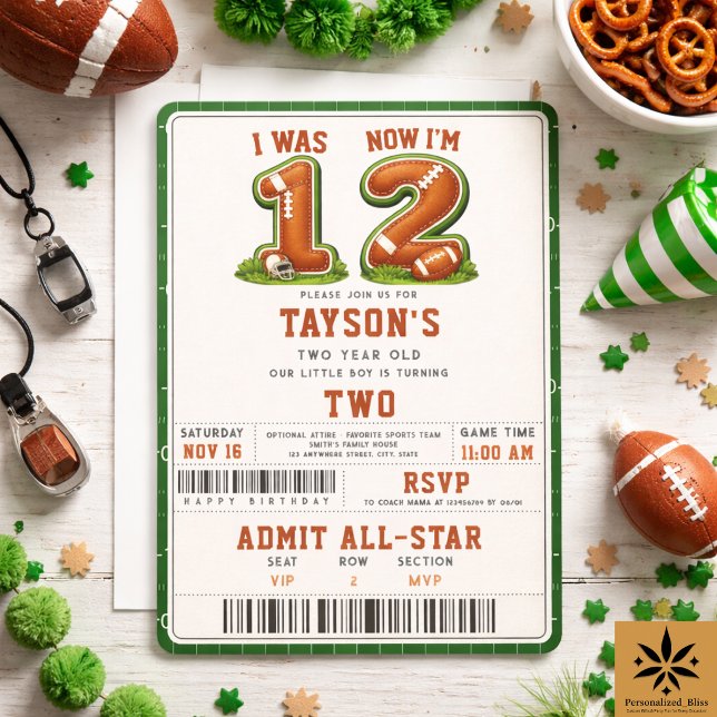 Jag var 1, nu är jag 2 – Amerikansk fotboll 2-års  Inbjudningar (I Was 1, Now I’m 2 – Football America 2nd Birthday Invitation
)