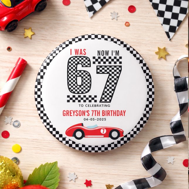 Jag var 6 nu är jag 7 Racingpojke Födelsedagsfest Knapp (I Was 6 Now I'm 7 Race Car Boy 7th Birthday Party button)
