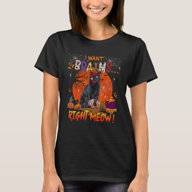 Jag vill ha Brains Meow Höger Pumpkin Zombies Cat T Shirt (Framsida)