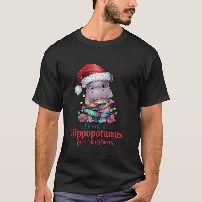 Jag vill ha en Hippopotamus-julklapp Hippo Santa H T Shirt (Framsida)