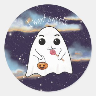 Jag vill ha godis Halloween-söt spöke på natten Runt Klistermärke