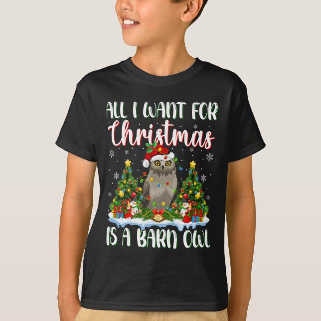 Jag vill ha jul är en Barn Uggla Bird Julafton Trä T Shirt (Framsida)