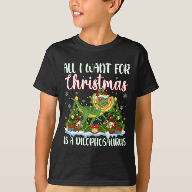 Jag vill ha jul är en Dilofosaurus Julafton Träd T Shirt (Framsida)