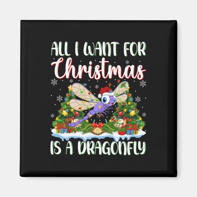 Jag vill ha jul är en Dragonfly Julafton Träd Ligh Magnet (Framsidan)
