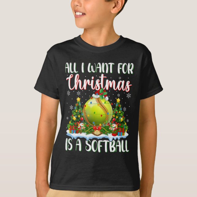 Jag vill ha jul är en softball Julafton Träd Light T Shirt (Framsida)