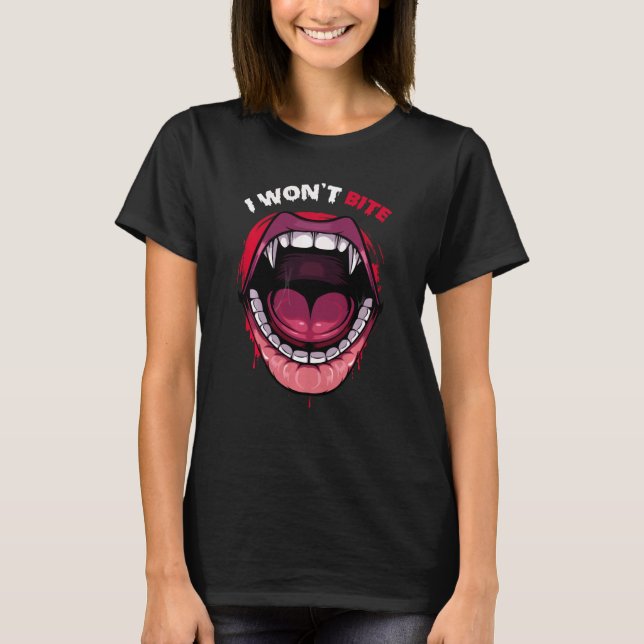 Jag vill inte Bita Vampire Teeth Red Läppar Scary  T Shirt (Framsida)