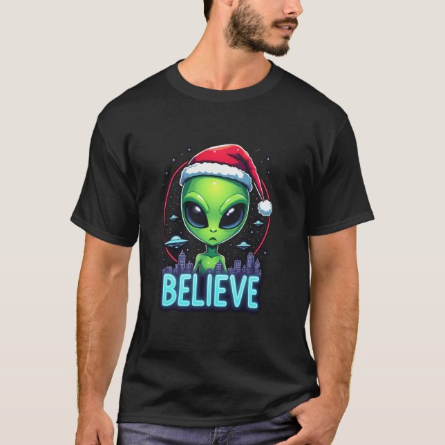 Jag vill tro Utomjordingar UFO Funny Alien Santa H T Shirt (Framsida)