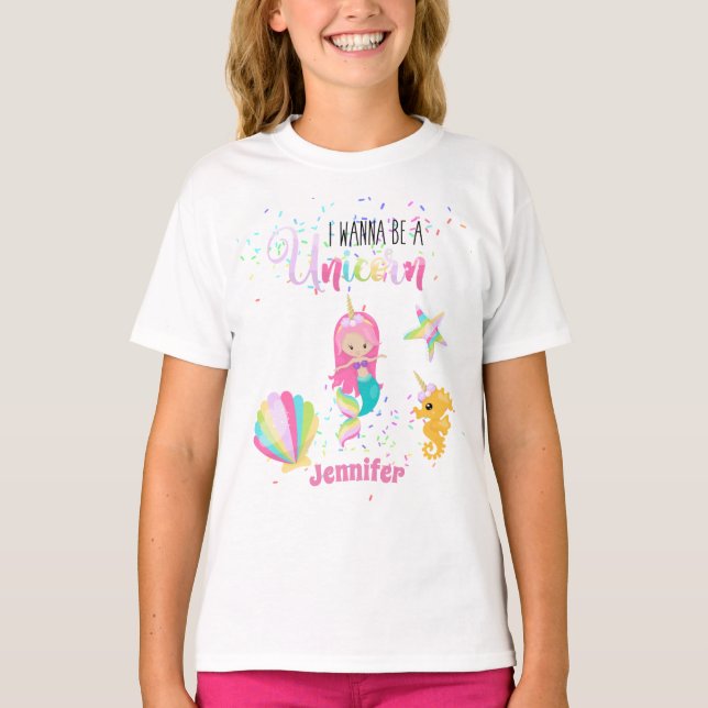 Jag vill vara en Unicorn Rosa Guld Sjöjungfru Girl T Shirt (Framsida)