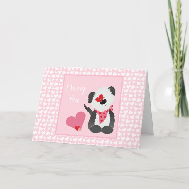Jag vuffar åt dig Valp Hjärtmönster Rosa Vitt Kort (Framsida)