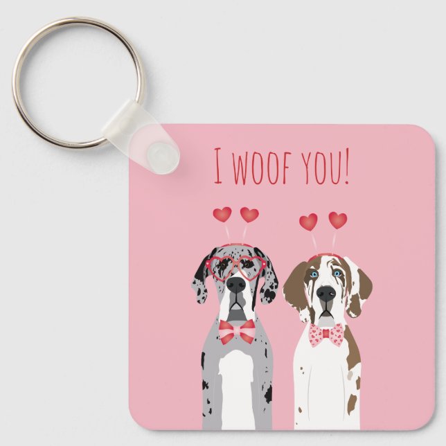 Jag Woof You Great dane Hundar Rosa Red Nyckelring (Framsida)